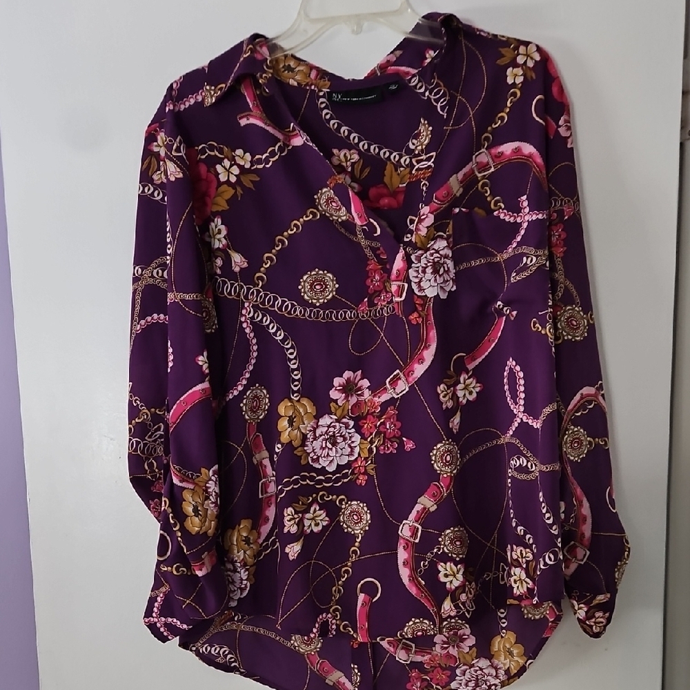 Purple and Gold Buttoned Blouse with Notched Collar